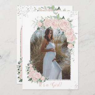 Pastel Pink Floral Silver Baby shower FotoArch Kaart