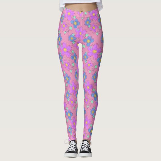 Pastel Pink Flower Doodle Dot Imprimer leggings (Devant)