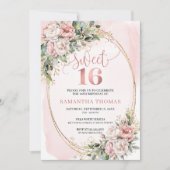 Pastel Pink Flowers Greenery 16th Birthday Invites Kaart (Voorkant)