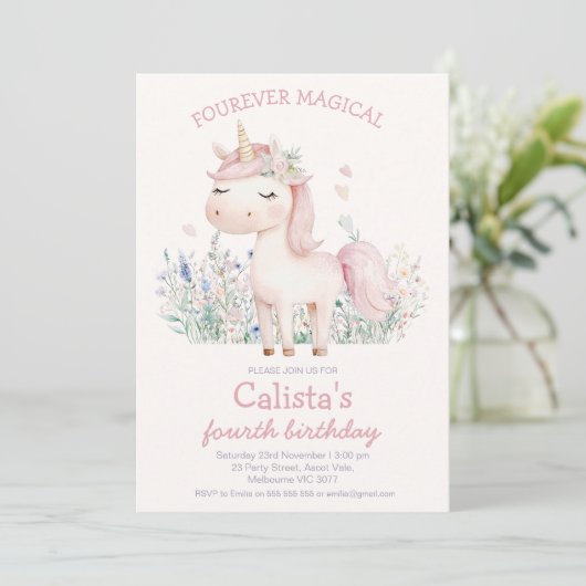 Pastel Pink Fourever Magical Unicorn Birthday Kaart (Staand voorkant)