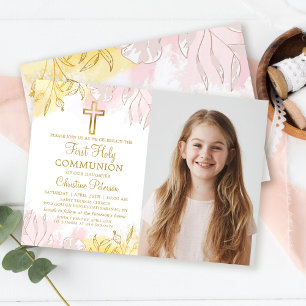 Pastel Pink Gold Floral First Heilige Communfoto Kaart