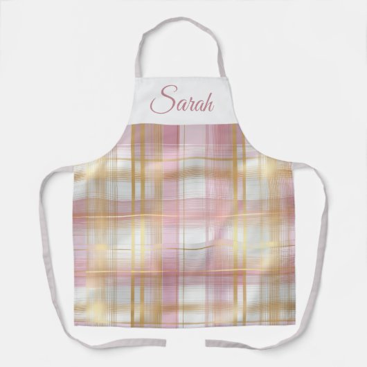 Pastel Pink & Gold Plaid Custom Name Kitchen Apron Schort (Voorkant)