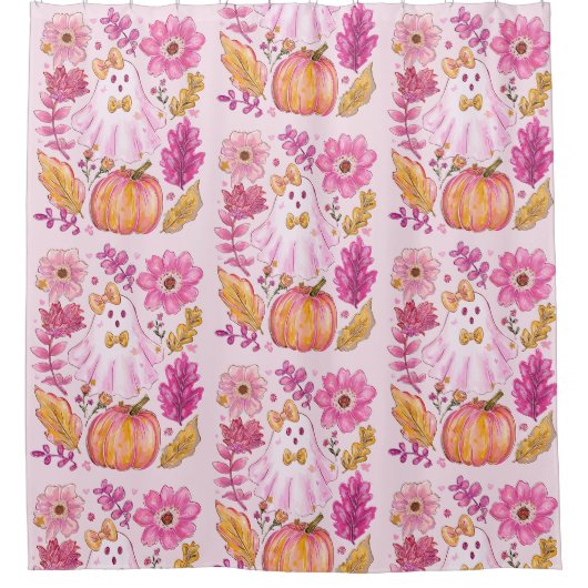 Pastel Pink Halloween Ghost with Flowers and Pumpk Douchegordijn (Voorkant)