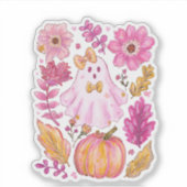 Pastel Pink Halloween Ghost with Flowers and Pumpk Sticker (Voorkant)