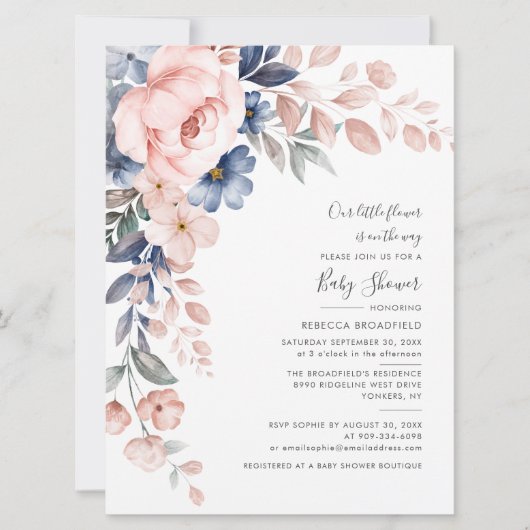 Pastel Pink Indigo Blue Floral Baby shower Kaart (Voorkant)