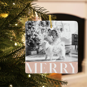 Pastel Pink Merry & Family Photo Happy Keramisch Ornament