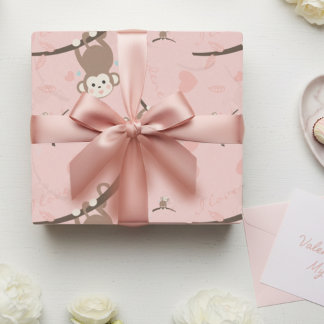 Pastel Pink Monkey Valentine Wrapping Paper Cadeaupapier