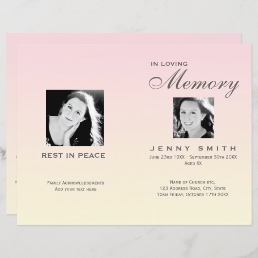 Pastel Pink Ombré Order of Service Funeral Program (Voorkant / Achterkant)