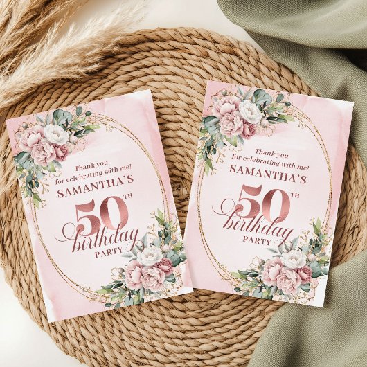 Pastel Pink Rose Gold Greenery 50th Birthday  Bedankkaart