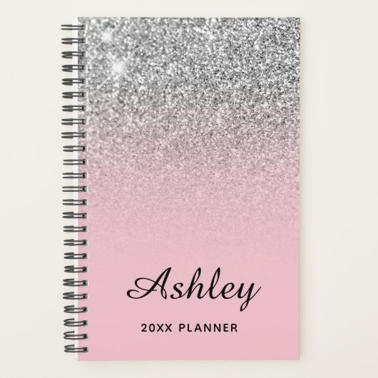 Pastel Pink Silver Glitter Ombre Personaliseerd Planner (Voorkant)