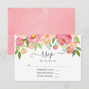 Pastel Pink Spring Waterverf Peonies Wedding RSVP Kaartje