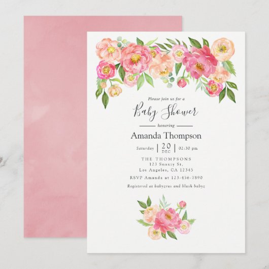 Pastel Pink Waterverf Peonies Baby shower Kaart (Voorkant / Achterkant)