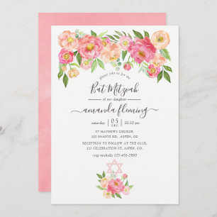 Pastel Pink Waterverf Peonies Bat Mitzvah Kaart