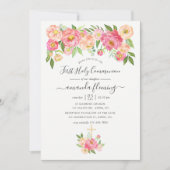 Pastel Pink Waterverf Peonies Heilige Communie Kaart (Voorkant)