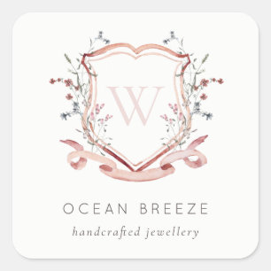 Pastel Pink Wildflower Waterverf Crest Monogram Vierkante Sticker