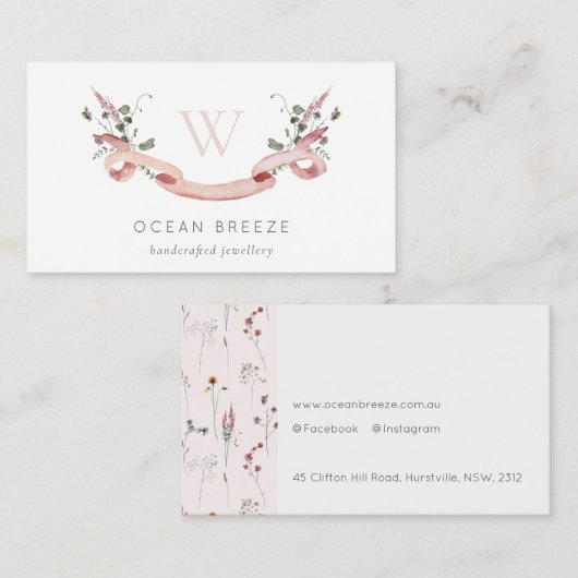 Pastel Pink Wildflower Waterverf Monogram koolstof Visitekaartje (Voorkant / Achterkant)