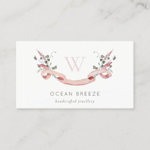 Pastel Pink Wildflower Waterverf Monogram koolstof Visitekaartje