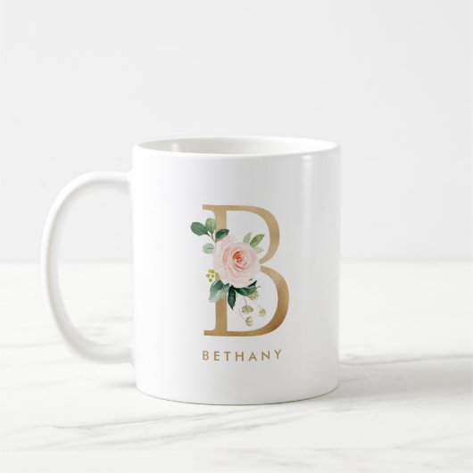 Pastel pioen bloem letter b goudfolie monogram koffiemok (Links)