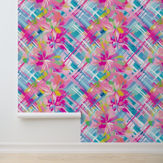 Pastel Plaid Blossoms Behang (Applicatie)