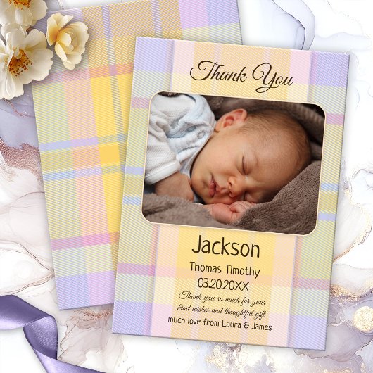 Pastel Plaid Neutral Baby Photo Carte de remerciem
