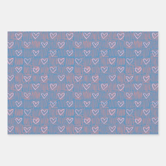 Pastel plaid schattig roze hartritme in blauw inpakpapier vel (Voorkant)