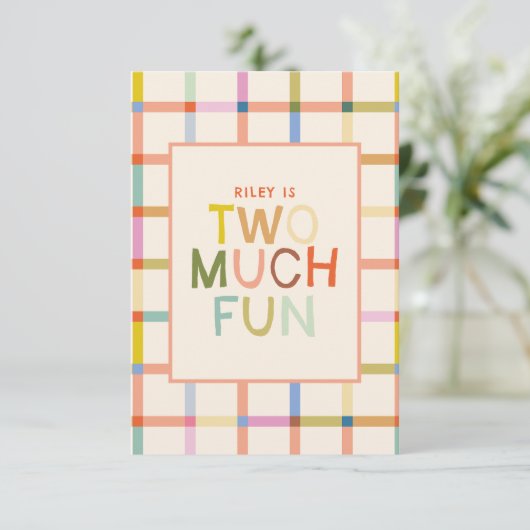 Pastel Plaid "Teveel Plezier" 2e verjaardag bedank Bedankkaart (Staand voorkant)