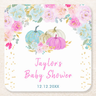 Pastel Pompoenen Bloemige Baby Shower Vierkante Kartonnen Onderzetter