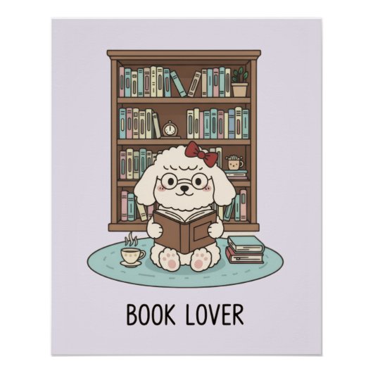 Pastel Poodle Puppy Dog with Books Glossy Poster (Devant)