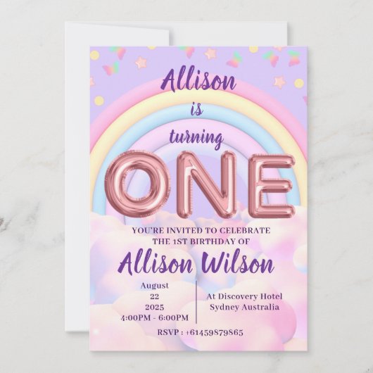 Pastel Rainbow 1er anniversaire Invitations filles (Devant)