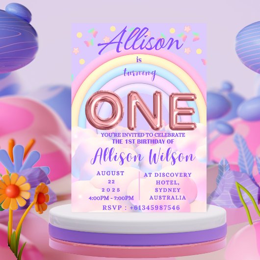 Pastel Rainbow 1er anniversaire Invitations filles