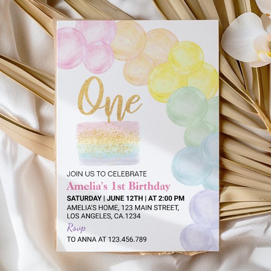 Pastel Rainbow Balloon 1er Invitation anniversaire