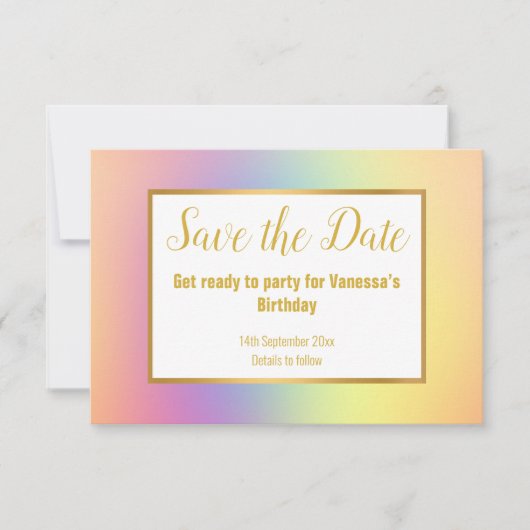 PASTEL RAINBOW BEWAREN DE DATUM RSVP KAARTJE (Voorkant)