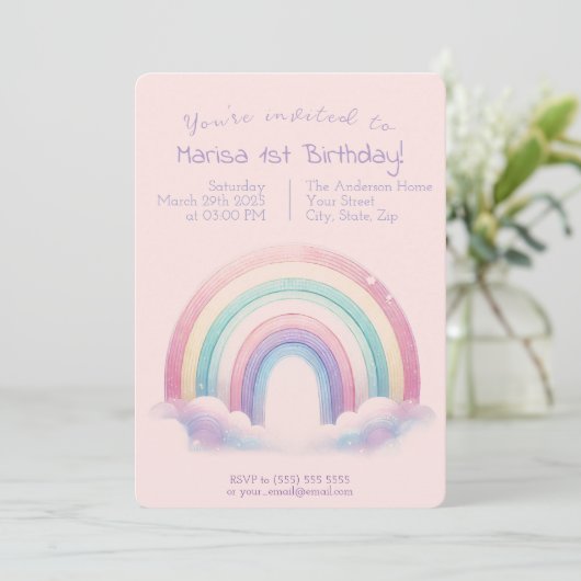 Pastel Rainbow Birthday Invitation - Party Invite Kaart (Staand voorkant)