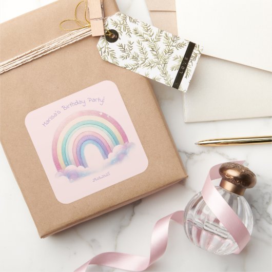 Pastel Rainbow Birthday Party Square Stickers (Cadeaux)