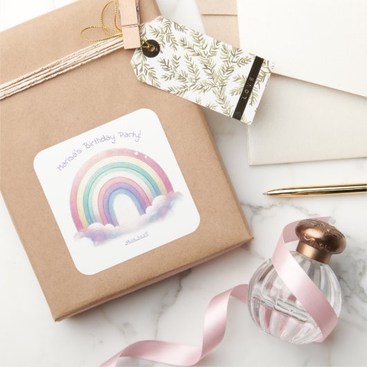 Pastel Rainbow Birthday Party Square Stickers (Cadeaux)