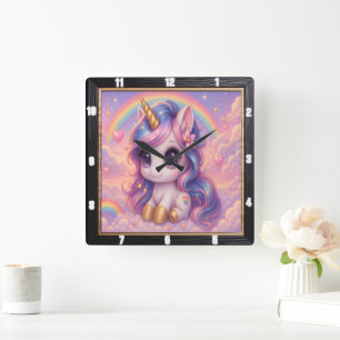 Pastel Rainbow Cartoon Unicorn Vierkante Klok
