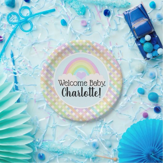 Pastel Rainbow Gingham Welkom Baby shower Papieren Bordje (Feest)