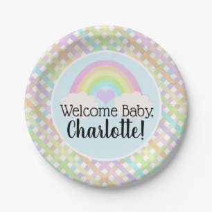 Pastel Rainbow Gingham Welkom Baby shower Papieren Bordje
