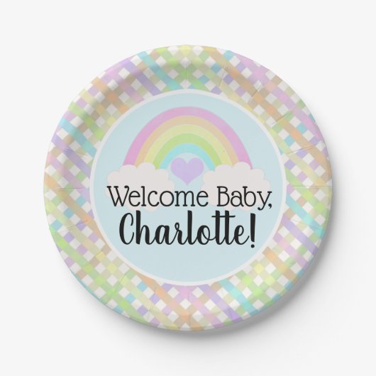 Pastel Rainbow Gingham Welkom Baby shower Papieren Bordje (Voorkant)