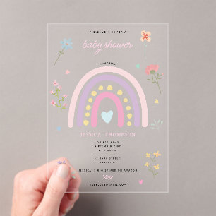 Pastel Rainbow Girl Wildflowers Hearts Baby shower Acryl Uitnodigingen