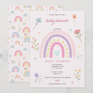 Pastel Rainbow Girl Wildflowers Hearts Baby shower Kaart