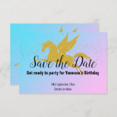 PASTEL RAINBOW GOLD UNICORN BEWAART DE DATUM RSVP (Voorkant / Achterkant)