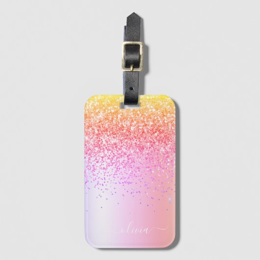 Pastel Rainbow Pink Gold Paars Glitter Monogram Bagagelabel (Voorkant (verticaal))