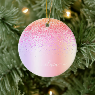 Pastel Rainbow Pink Gold Paars Glitter Monogram Keramisch Ornament