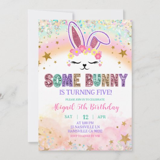 Pastel Rainbow Sequins Bunny Invitation (Devant)