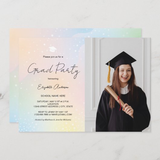 Pastel Rainbow Simple Script Photo Afstuderen Kaart (Voorkant / Achterkant)