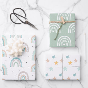 Pastel Rainbow Stars Baby Gren Blue Inpakpapier Vel