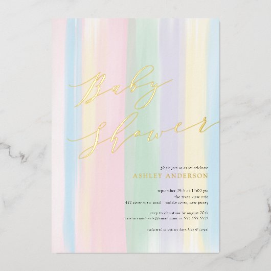Pastel Rainbow Stripes Baby shower Foil Invitation (Recto)