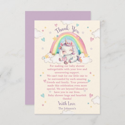 Pastel Rainbow Unicorn Baby shower Bedankkaart (Voorkant / Achterkant)