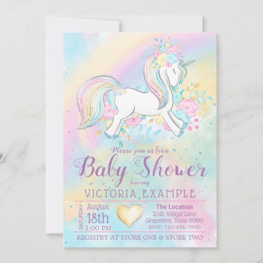 Pastel Rainbow Unicorn Baby Shower Invitations (Devant)